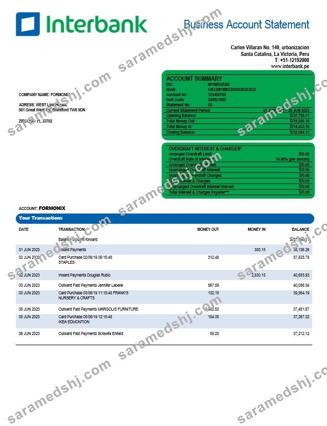Interbank organization account statement Word and PDF template